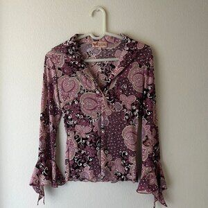 Trilogy Paisley Sheer Blouse Women’s Long Sleeve Bell Cuff Stretch Top Pink M